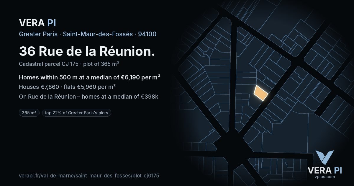 36 Rue de la Réunion, Saint-Maur-des-Fossés at night – the plot lit, the parcels around coloured by the prices near them