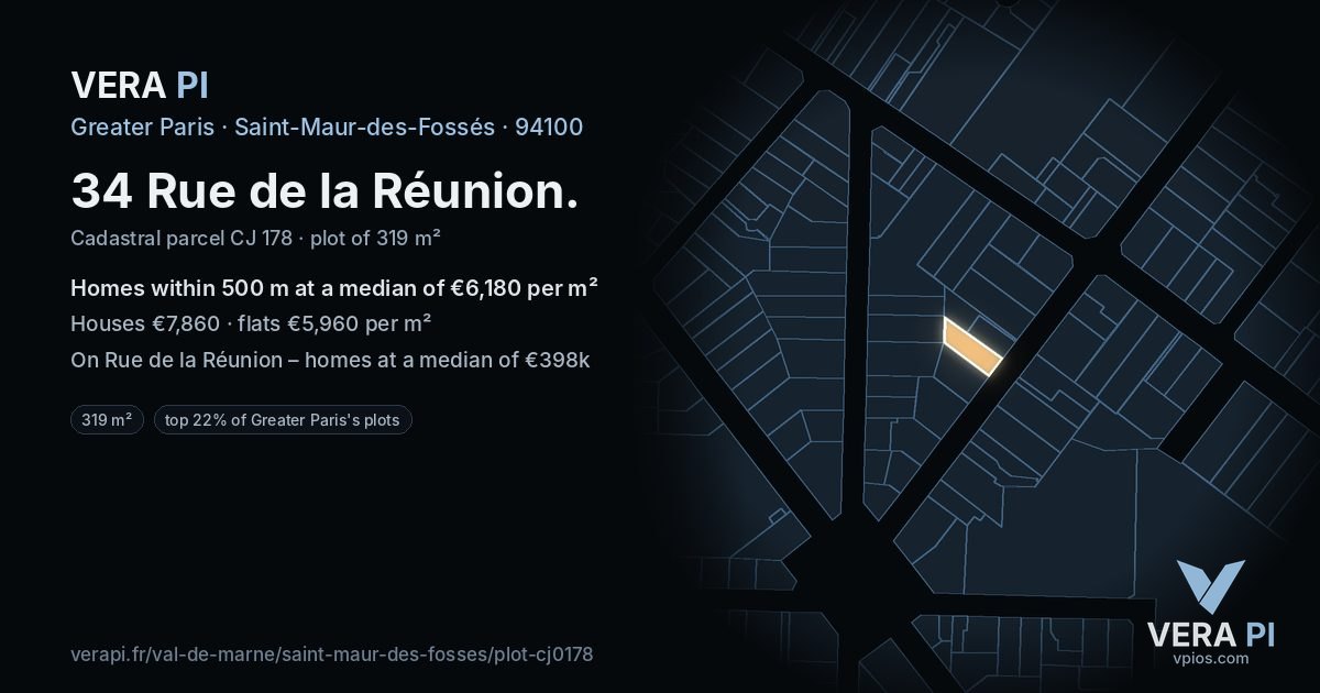 34 Rue de la Réunion, Saint-Maur-des-Fossés at night – the plot lit, the parcels around coloured by the prices near them