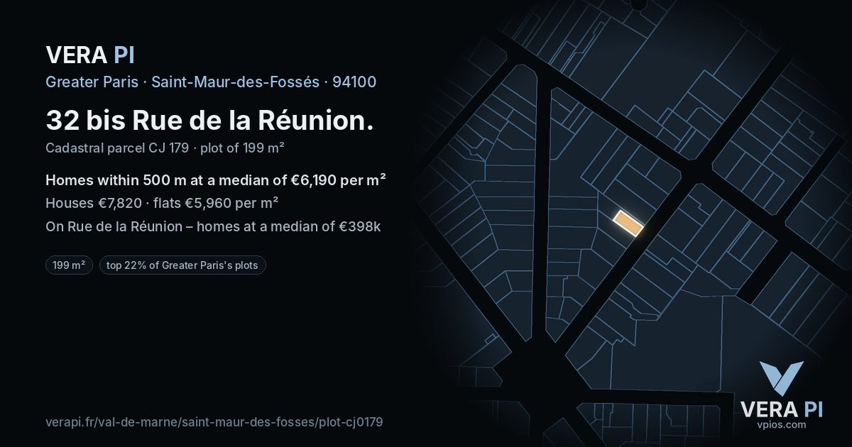 32 bis Rue de la Réunion, Saint-Maur-des-Fossés at night – the plot lit, the parcels around coloured by the prices near them