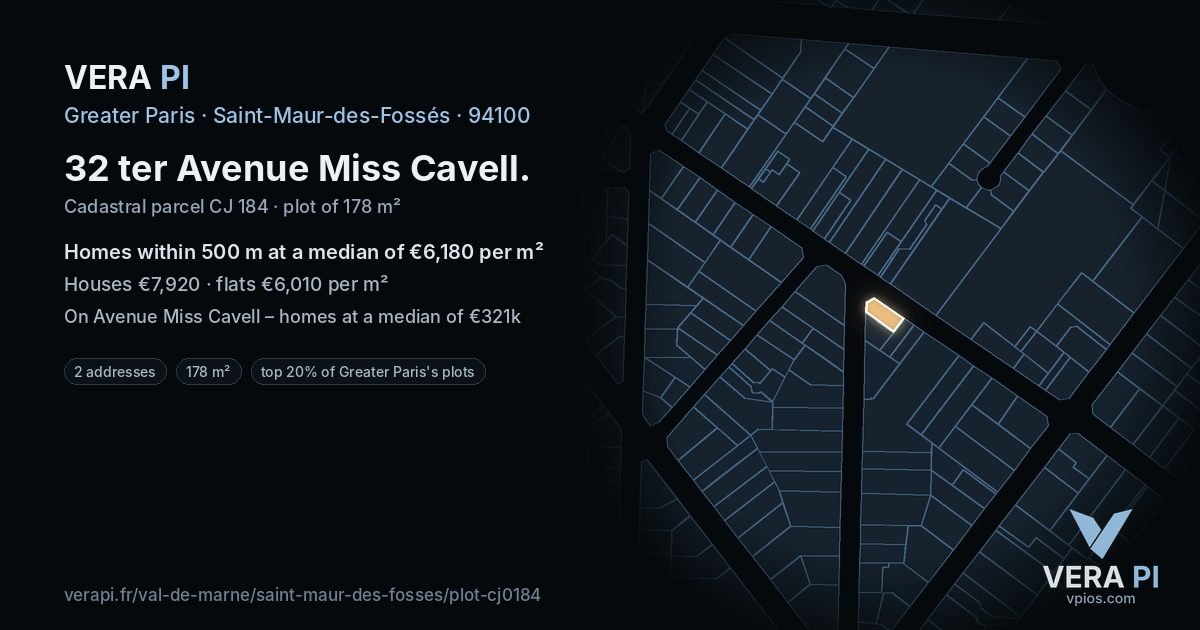 32 ter Avenue Miss Cavell, Saint-Maur-des-Fossés at night – the plot lit, the parcels around coloured by the prices near them