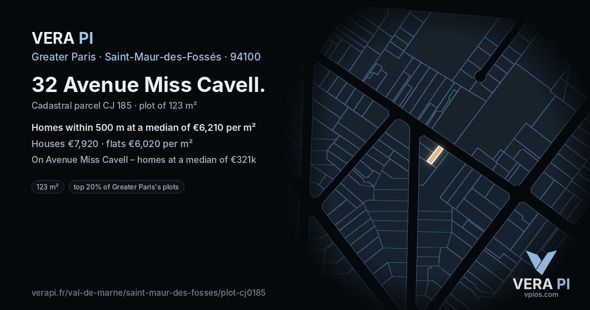 32 Avenue Miss Cavell, Saint-Maur-des-Fossés at night – the plot lit, the parcels around coloured by the prices near them