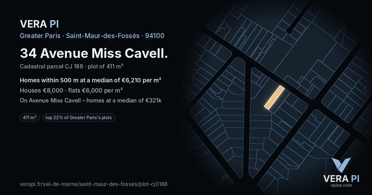 34 Avenue Miss Cavell, Saint-Maur-des-Fossés at night – the plot lit, the parcels around coloured by the prices near them