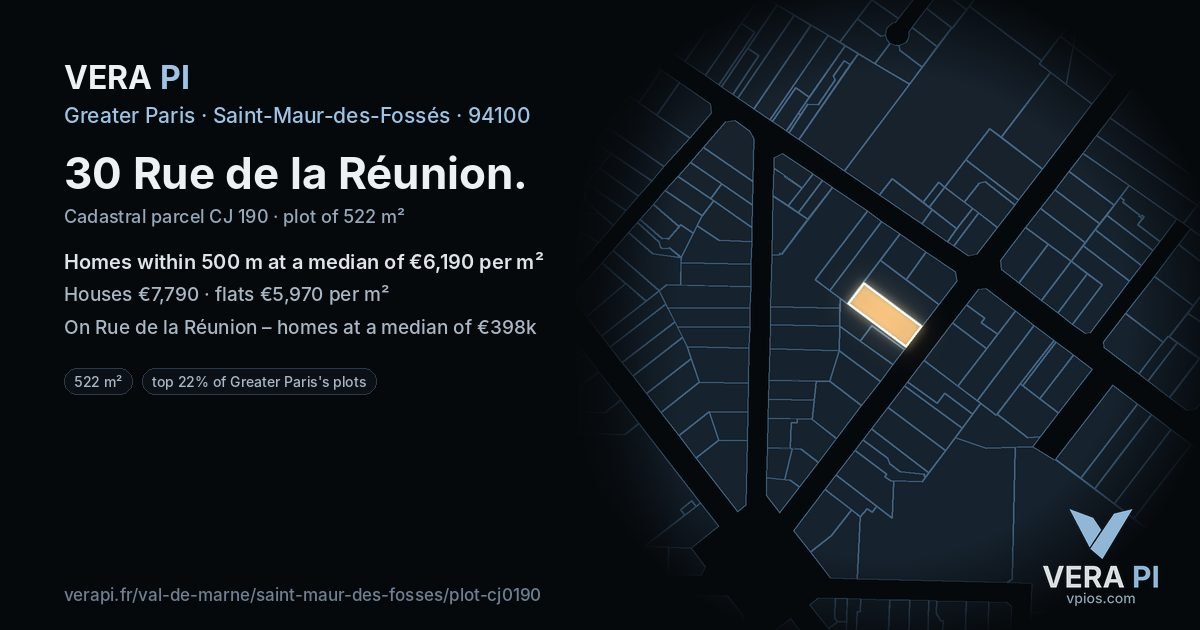 30 Rue de la Réunion, Saint-Maur-des-Fossés at night – the plot lit, the parcels around coloured by the prices near them