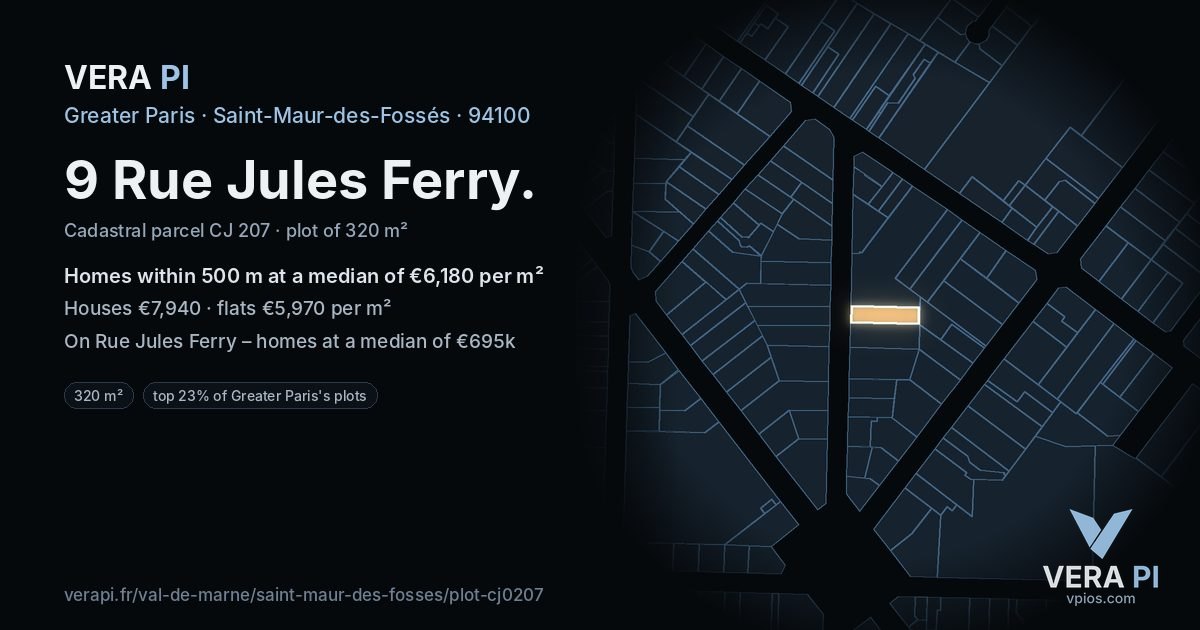 9 Rue Jules Ferry, Saint-Maur-des-Fossés at night – the plot lit, the parcels around coloured by the prices near them