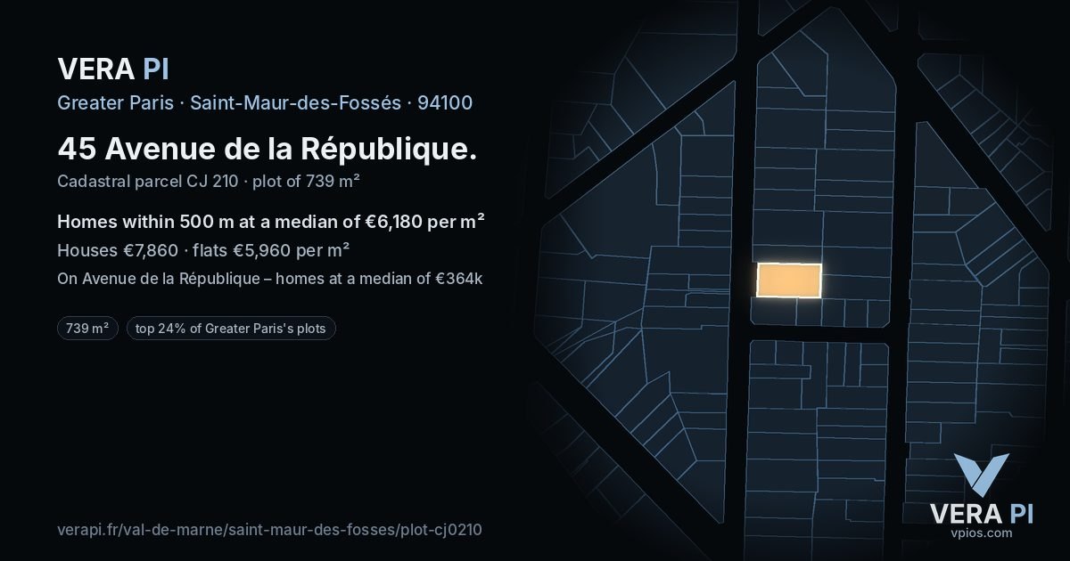 45 Avenue de la République, Saint-Maur-des-Fossés at night – the plot lit, the parcels around coloured by the prices near them