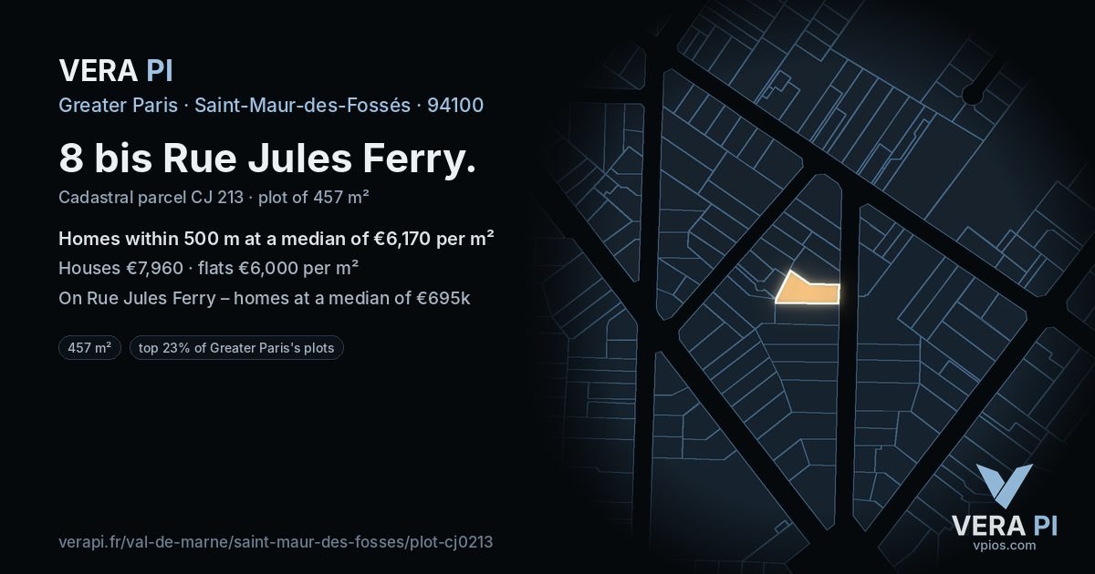 8 bis Rue Jules Ferry, Saint-Maur-des-Fossés at night – the plot lit, the parcels around coloured by the prices near them