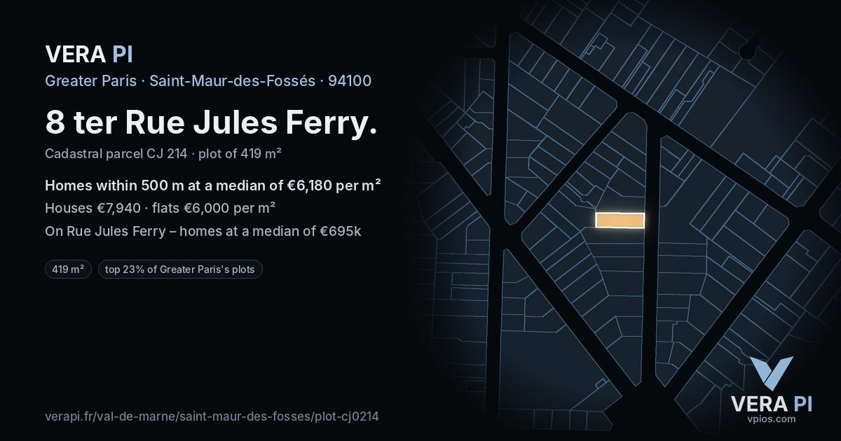 8 ter Rue Jules Ferry, Saint-Maur-des-Fossés at night – the plot lit, the parcels around coloured by the prices near them