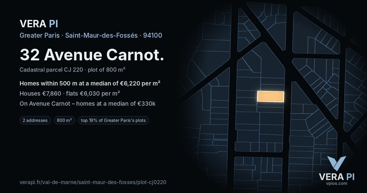 32 Avenue Carnot, Saint-Maur-des-Fossés at night – the plot lit, the parcels around coloured by the prices near them