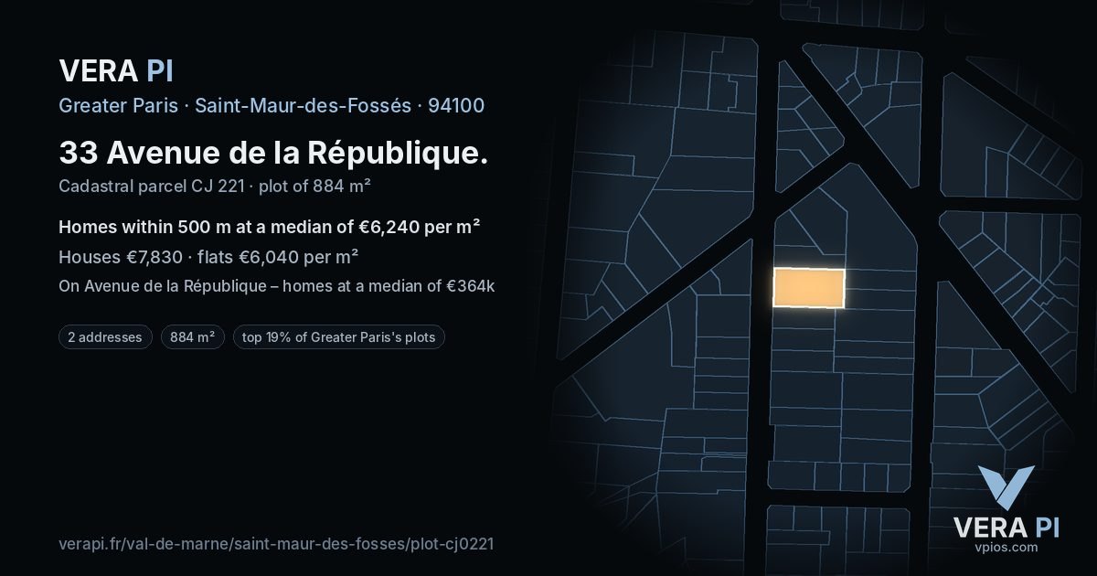33 Avenue de la République, Saint-Maur-des-Fossés at night – the plot lit, the parcels around coloured by the prices near them