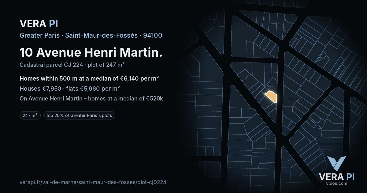 10 Avenue Henri Martin, Saint-Maur-des-Fossés at night – the plot lit, the parcels around coloured by the prices near them