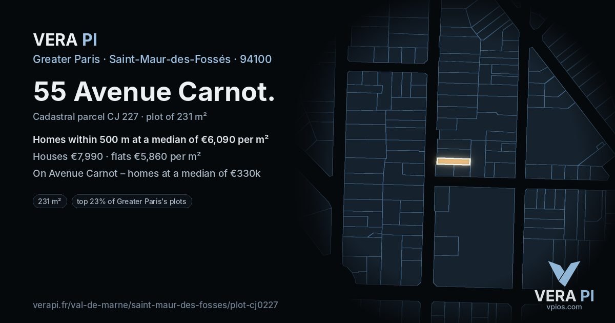 55 Avenue Carnot, Saint-Maur-des-Fossés at night – the plot lit, the parcels around coloured by the prices near them