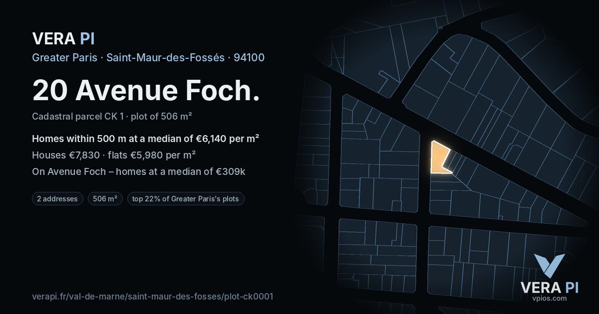 20 Avenue Foch, Saint-Maur-des-Fossés at night – the plot lit, the parcels around coloured by the prices near them