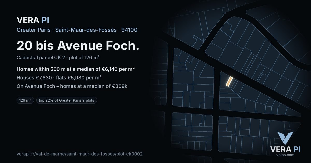 20 bis Avenue Foch, Saint-Maur-des-Fossés at night – the plot lit, the parcels around coloured by the prices near them