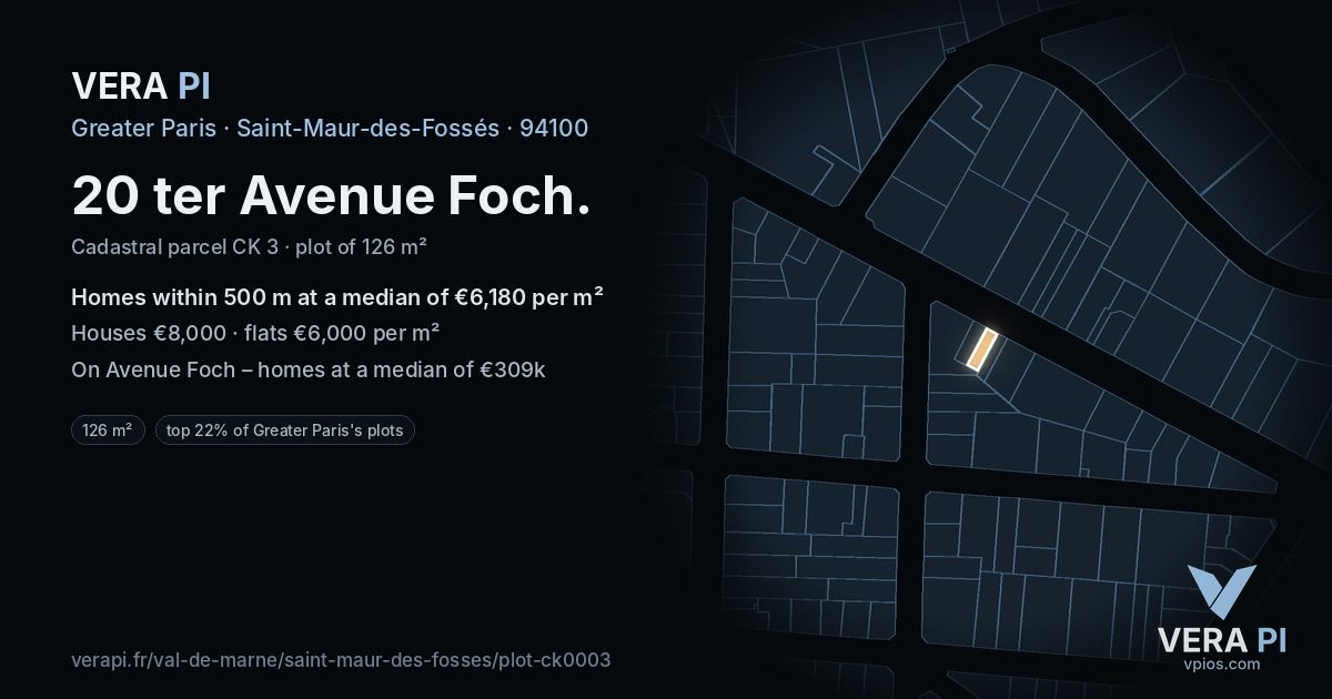 20 ter Avenue Foch, Saint-Maur-des-Fossés at night – the plot lit, the parcels around coloured by the prices near them