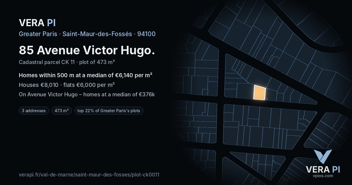 85 Avenue Victor Hugo, Saint-Maur-des-Fossés at night – the plot lit, the parcels around coloured by the prices near them
