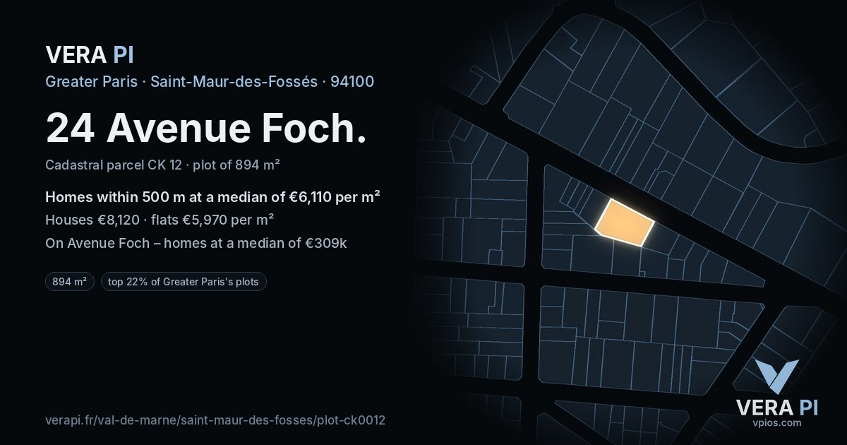 24 Avenue Foch, Saint-Maur-des-Fossés at night – the plot lit, the parcels around coloured by the prices near them