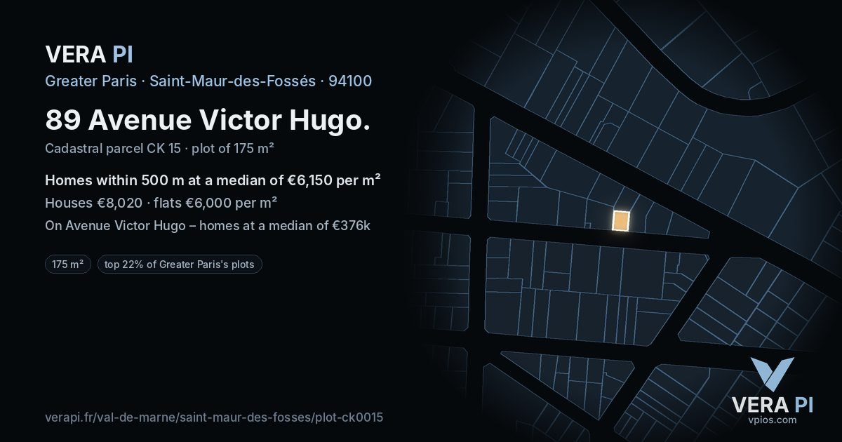 89 Avenue Victor Hugo, Saint-Maur-des-Fossés at night – the plot lit, the parcels around coloured by the prices near them