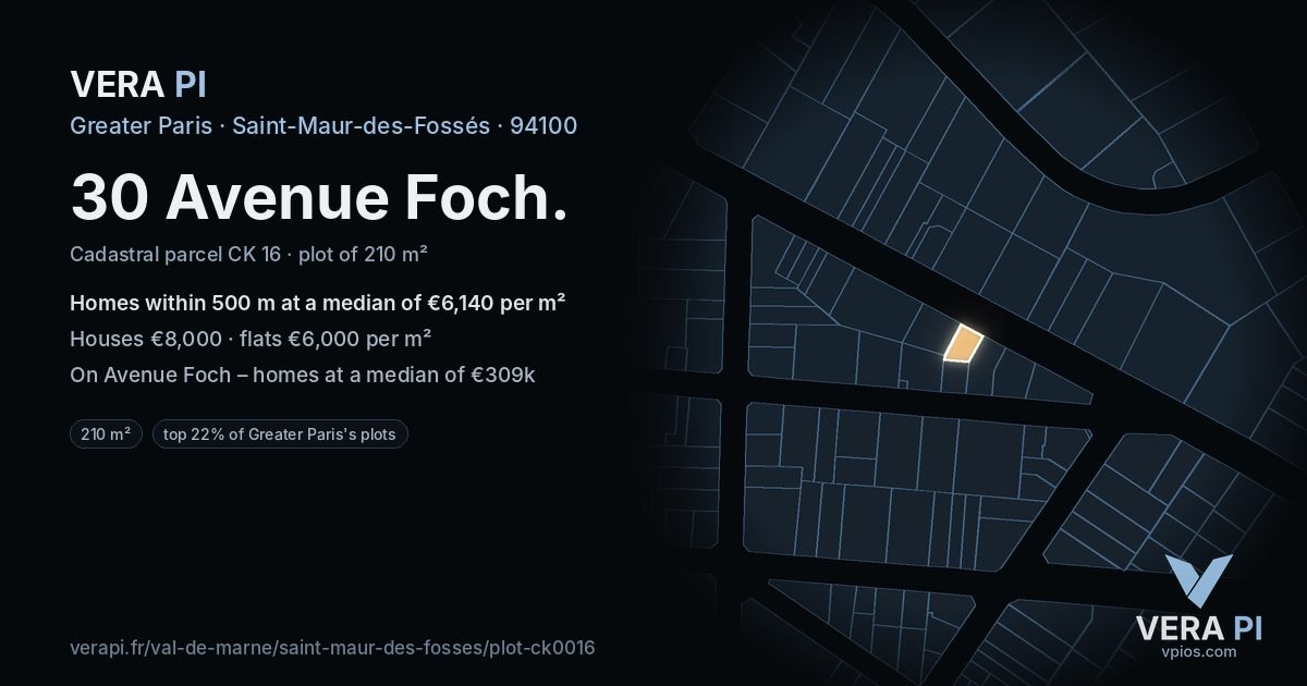 30 Avenue Foch, Saint-Maur-des-Fossés at night – the plot lit, the parcels around coloured by the prices near them