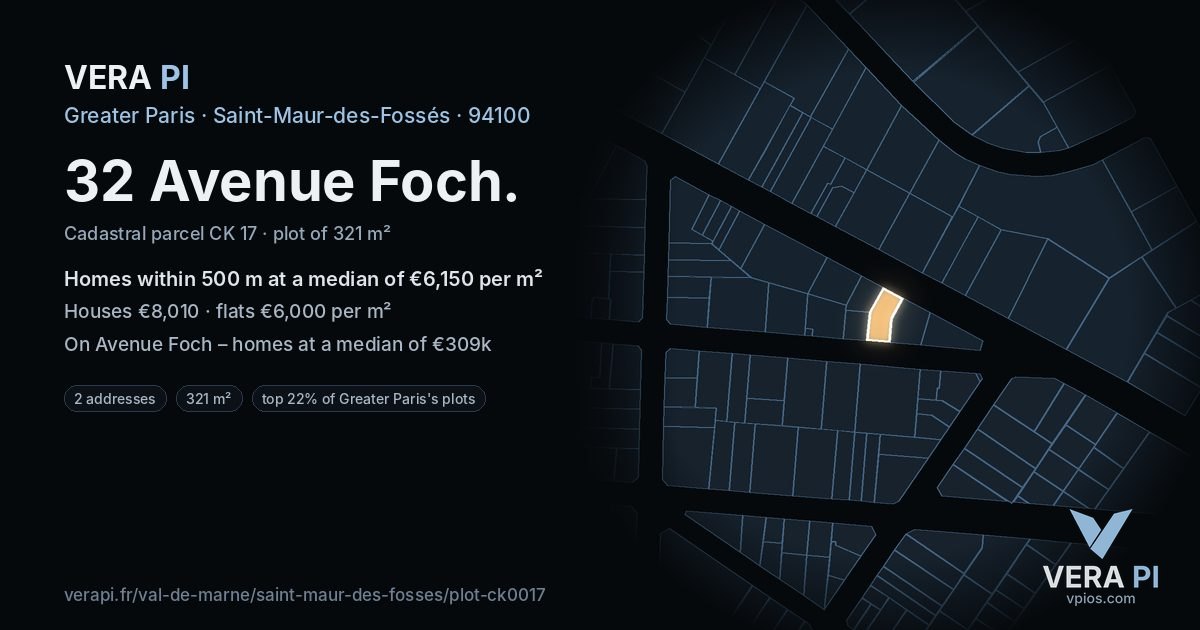 32 Avenue Foch, Saint-Maur-des-Fossés at night – the plot lit, the parcels around coloured by the prices near them