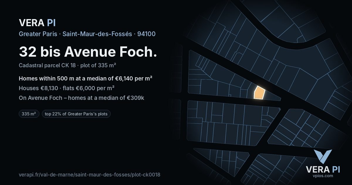 32 bis Avenue Foch, Saint-Maur-des-Fossés at night – the plot lit, the parcels around coloured by the prices near them