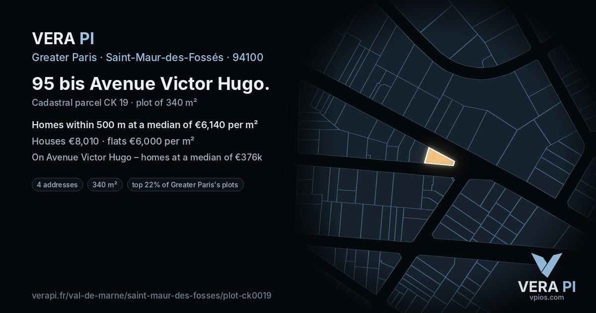 95 bis Avenue Victor Hugo, Saint-Maur-des-Fossés at night – the plot lit, the parcels around coloured by the prices near them
