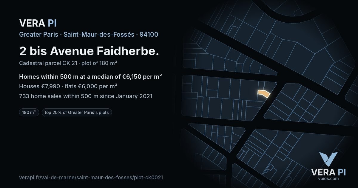 2 bis Avenue Faidherbe, Saint-Maur-des-Fossés at night – the plot lit, the parcels around coloured by the prices near them