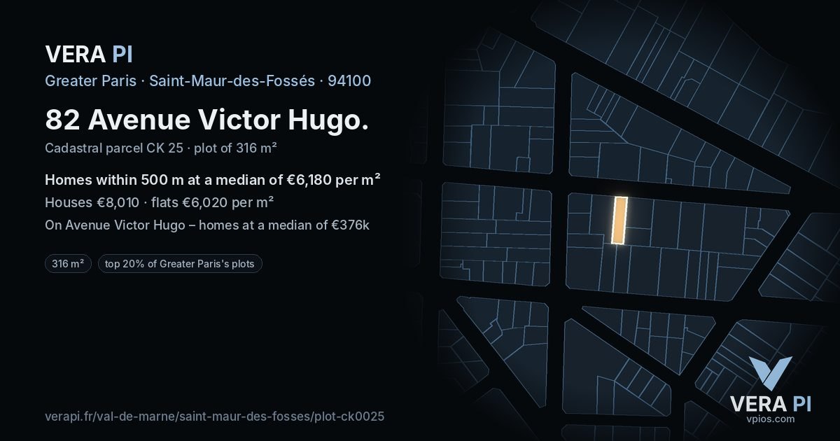 82 Avenue Victor Hugo, Saint-Maur-des-Fossés at night – the plot lit, the parcels around coloured by the prices near them