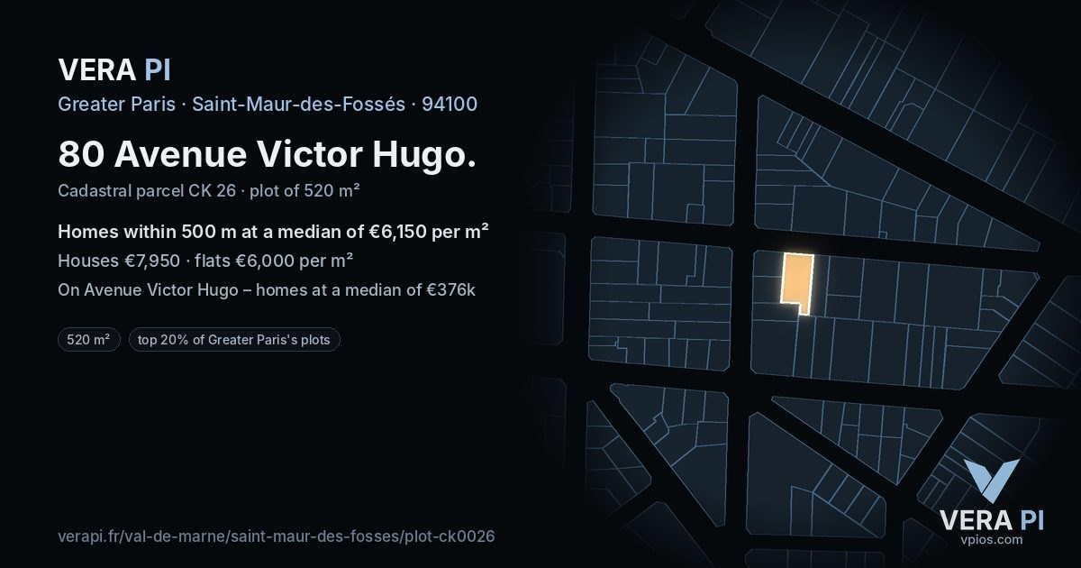 80 Avenue Victor Hugo, Saint-Maur-des-Fossés at night – the plot lit, the parcels around coloured by the prices near them