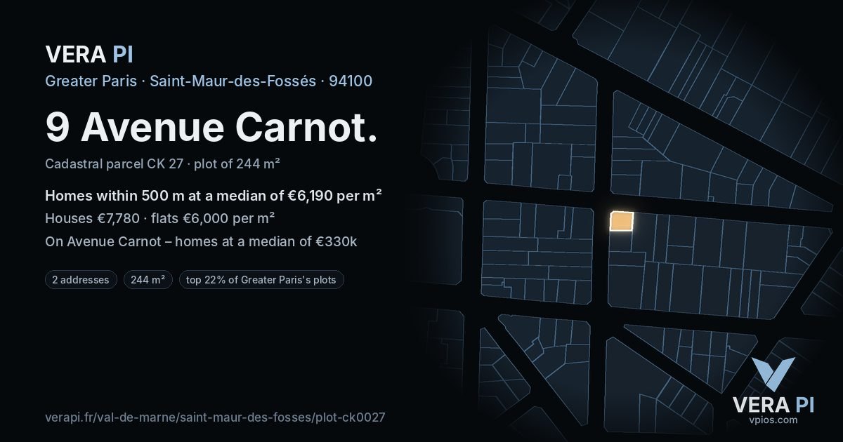 9 Avenue Carnot, Saint-Maur-des-Fossés at night – the plot lit, the parcels around coloured by the prices near them