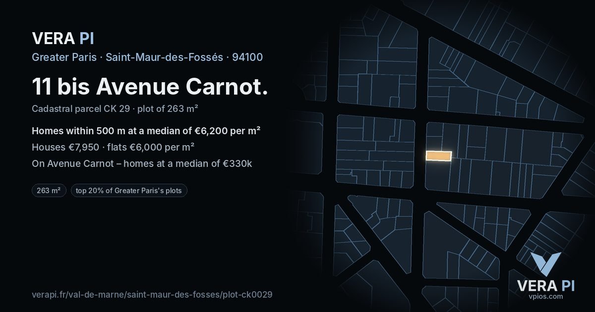 11 bis Avenue Carnot, Saint-Maur-des-Fossés at night – the plot lit, the parcels around coloured by the prices near them