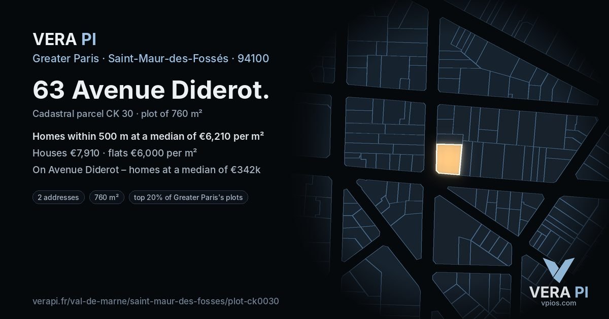 63 Avenue Diderot, Saint-Maur-des-Fossés at night – the plot lit, the parcels around coloured by the prices near them