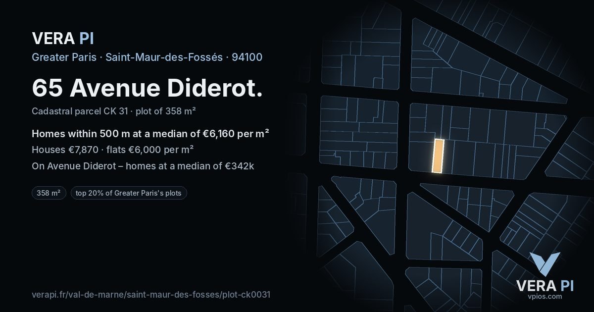 65 Avenue Diderot, Saint-Maur-des-Fossés at night – the plot lit, the parcels around coloured by the prices near them