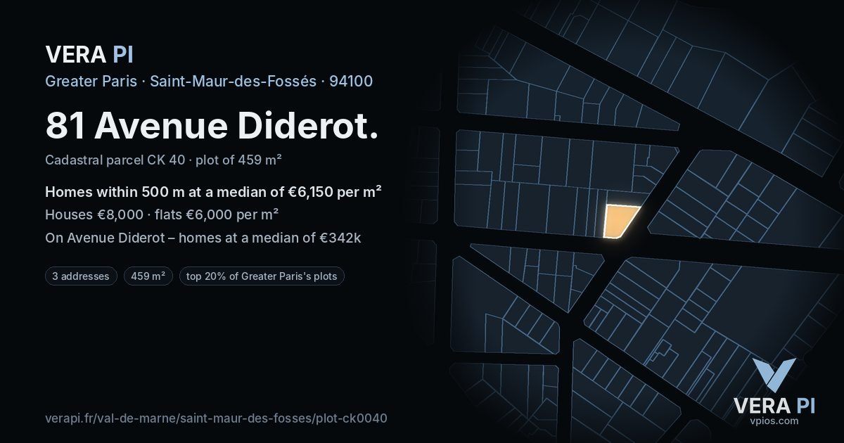81 Avenue Diderot, Saint-Maur-des-Fossés at night – the plot lit, the parcels around coloured by the prices near them