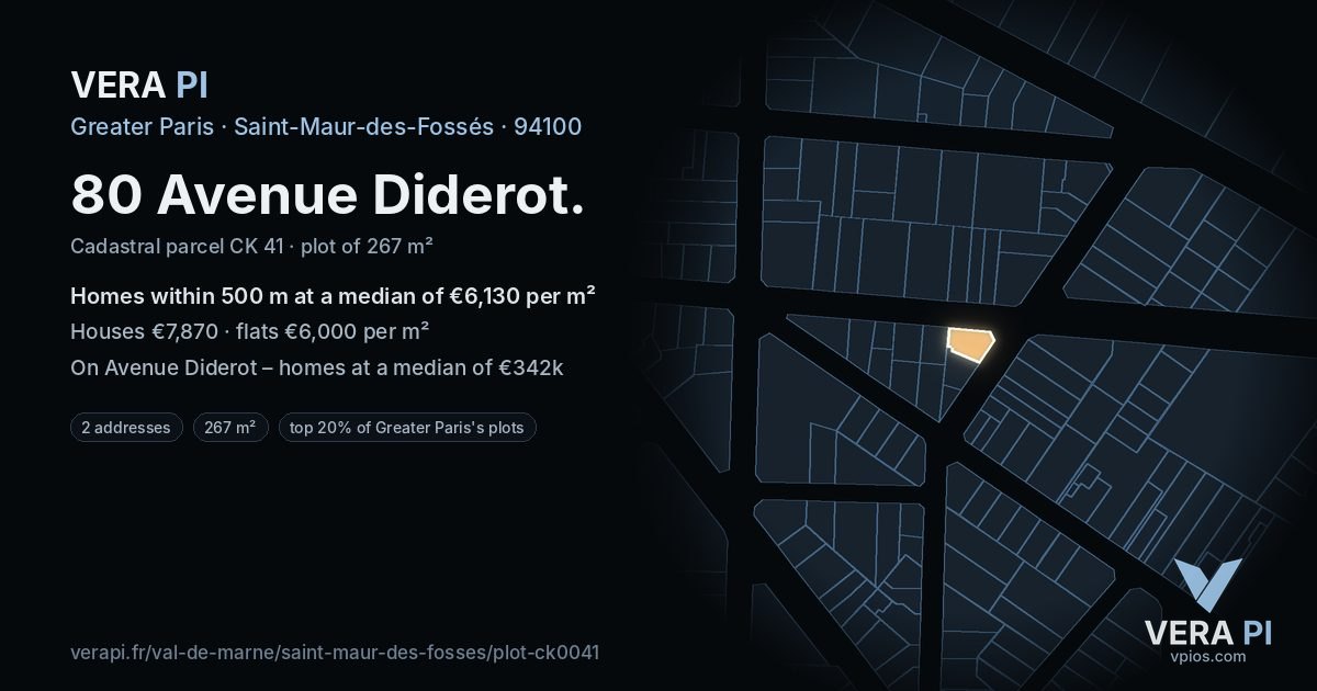 80 Avenue Diderot, Saint-Maur-des-Fossés at night – the plot lit, the parcels around coloured by the prices near them