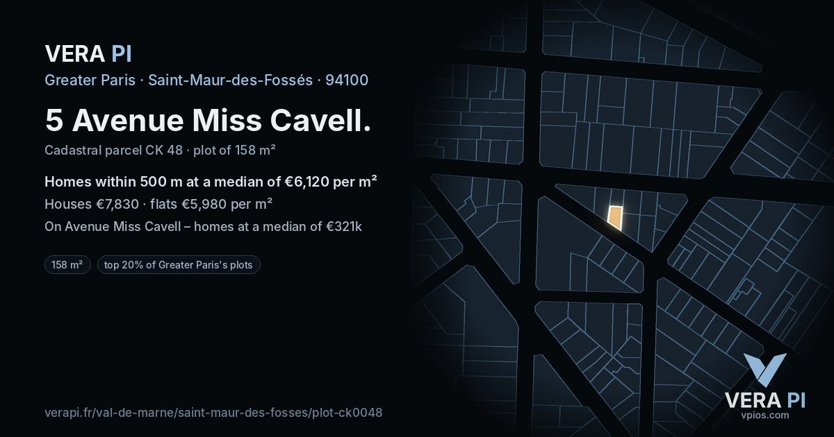 5 Avenue Miss Cavell, Saint-Maur-des-Fossés at night – the plot lit, the parcels around coloured by the prices near them