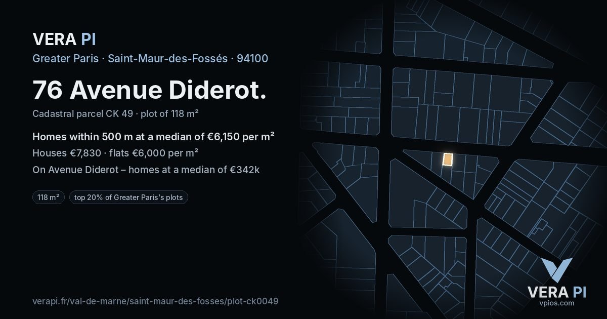 76 Avenue Diderot, Saint-Maur-des-Fossés at night – the plot lit, the parcels around coloured by the prices near them