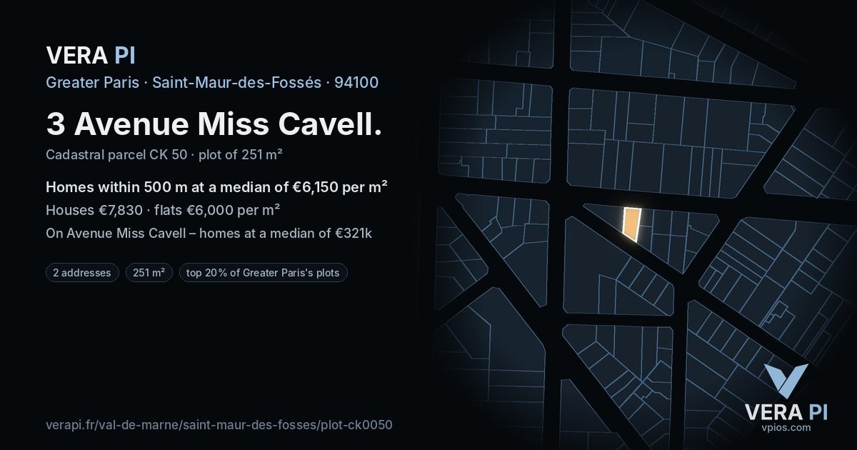 3 Avenue Miss Cavell, Saint-Maur-des-Fossés at night – the plot lit, the parcels around coloured by the prices near them