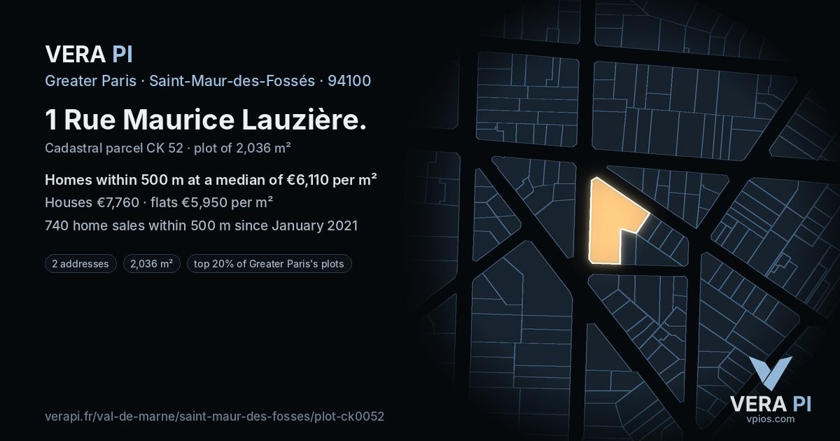 1 Rue Maurice Lauzière, Saint-Maur-des-Fossés at night – the plot lit, the parcels around coloured by the prices near them