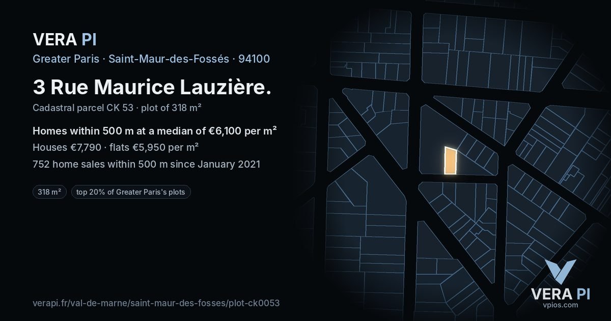 3 Rue Maurice Lauzière, Saint-Maur-des-Fossés at night – the plot lit, the parcels around coloured by the prices near them
