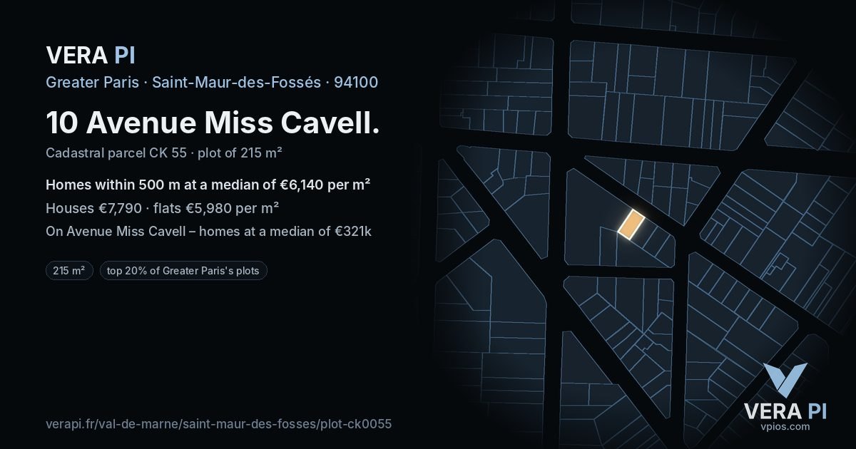 10 Avenue Miss Cavell, Saint-Maur-des-Fossés at night – the plot lit, the parcels around coloured by the prices near them