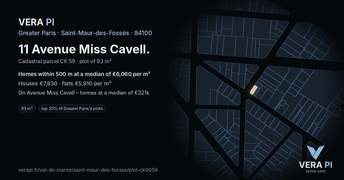 11 Avenue Miss Cavell, Saint-Maur-des-Fossés at night – the plot lit, the parcels around coloured by the prices near them