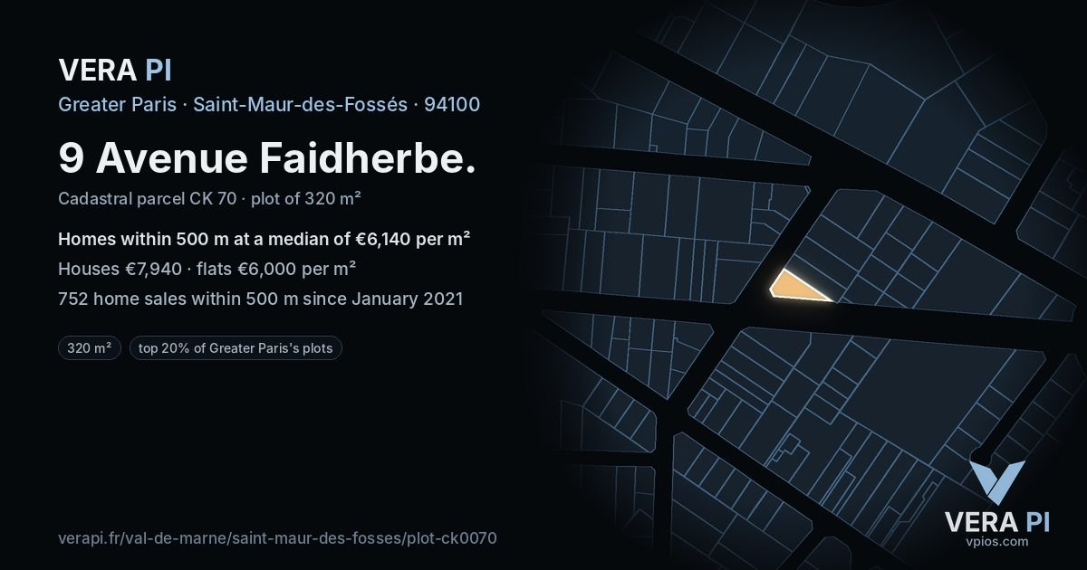 9 Avenue Faidherbe, Saint-Maur-des-Fossés at night – the plot lit, the parcels around coloured by the prices near them