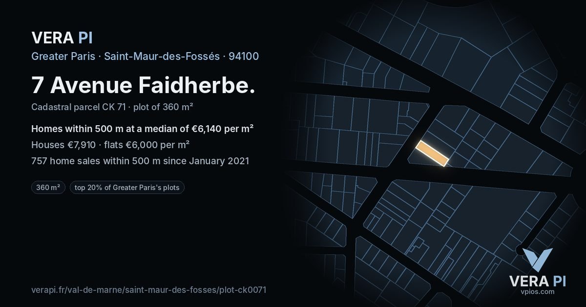 7 Avenue Faidherbe, Saint-Maur-des-Fossés at night – the plot lit, the parcels around coloured by the prices near them