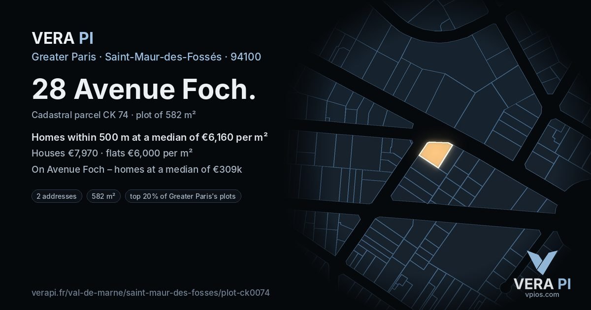 28 Avenue Foch, Saint-Maur-des-Fossés at night – the plot lit, the parcels around coloured by the prices near them