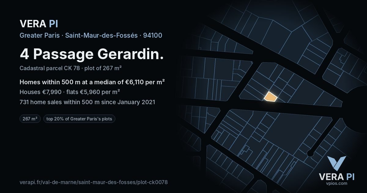 4 Passage Gerardin, Saint-Maur-des-Fossés at night – the plot lit, the parcels around coloured by the prices near them