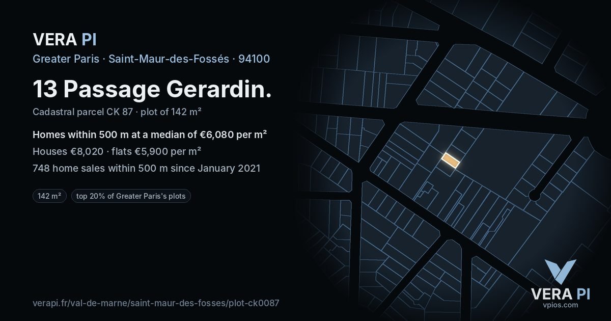 13 Passage Gerardin, Saint-Maur-des-Fossés at night – the plot lit, the parcels around coloured by the prices near them