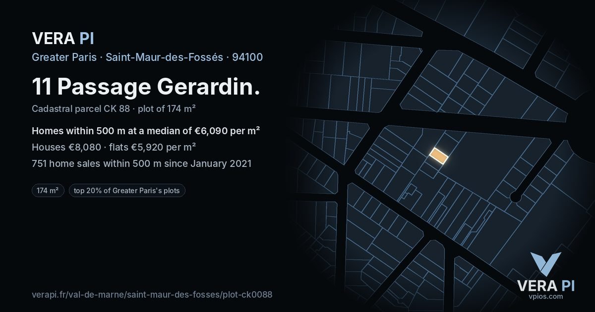 11 Passage Gerardin, Saint-Maur-des-Fossés at night – the plot lit, the parcels around coloured by the prices near them