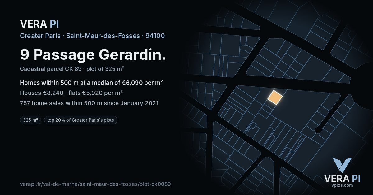 9 Passage Gerardin, Saint-Maur-des-Fossés at night – the plot lit, the parcels around coloured by the prices near them