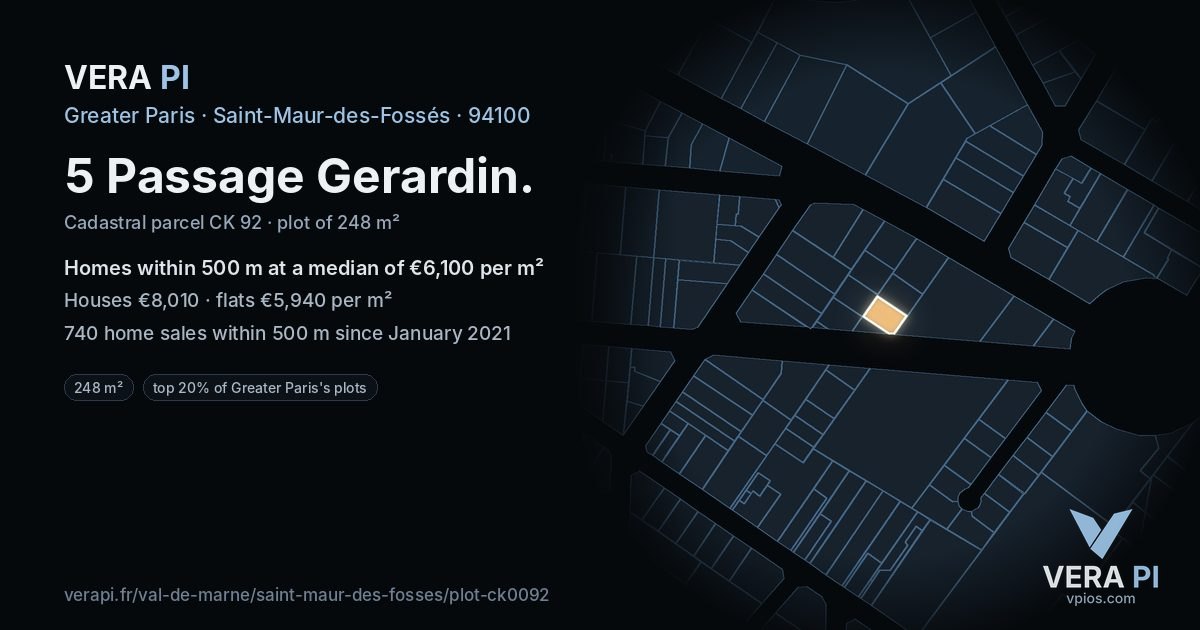5 Passage Gerardin, Saint-Maur-des-Fossés at night – the plot lit, the parcels around coloured by the prices near them