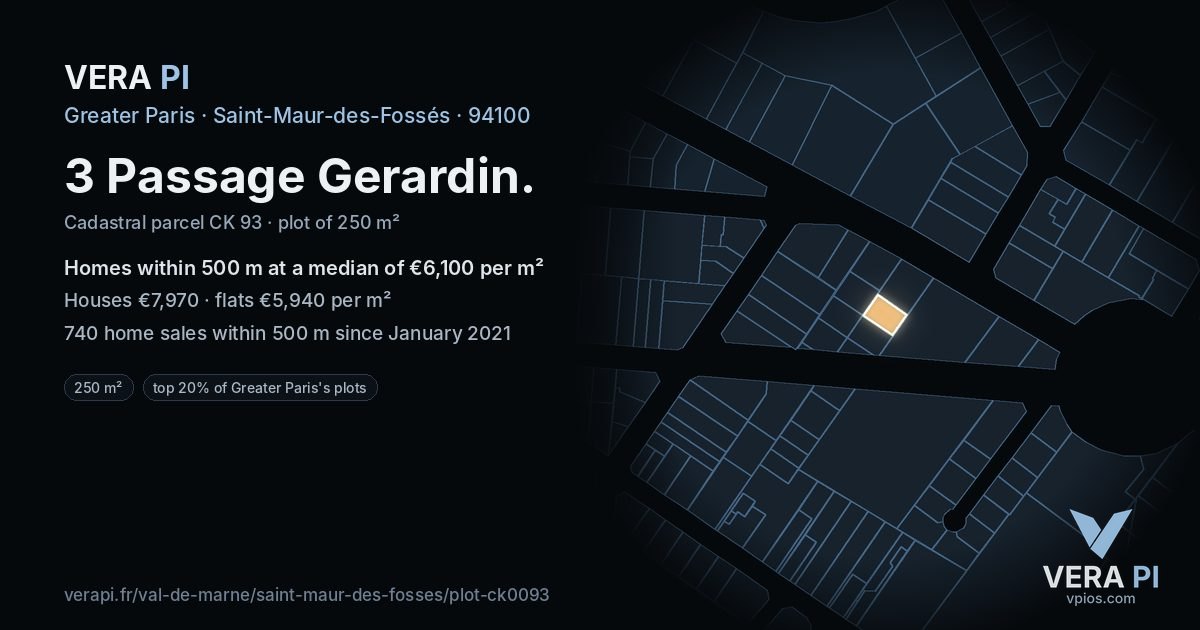 3 Passage Gerardin, Saint-Maur-des-Fossés at night – the plot lit, the parcels around coloured by the prices near them